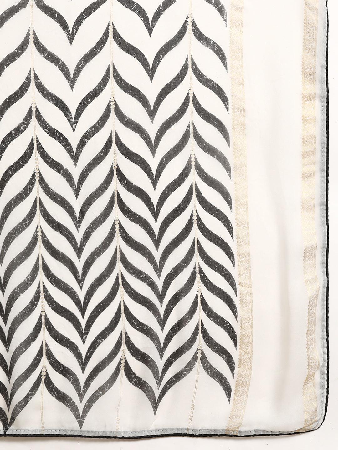 White Printed Chiffon Saree - Libas 