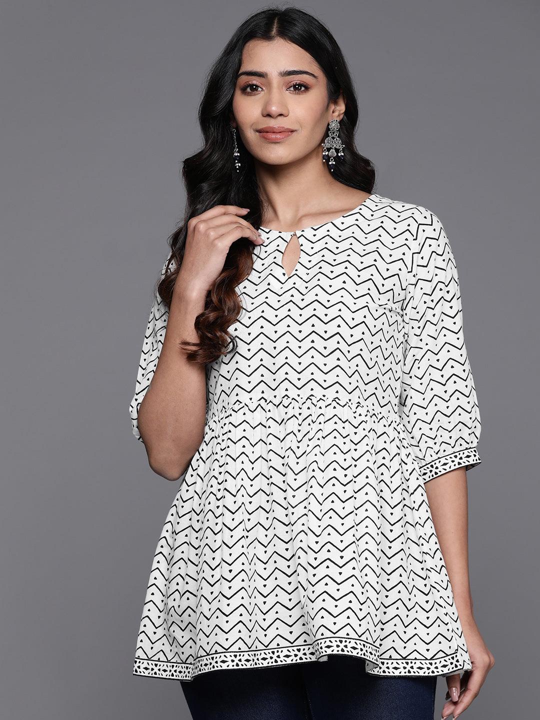 White Printed Cotton A-Line Kurti - Libas