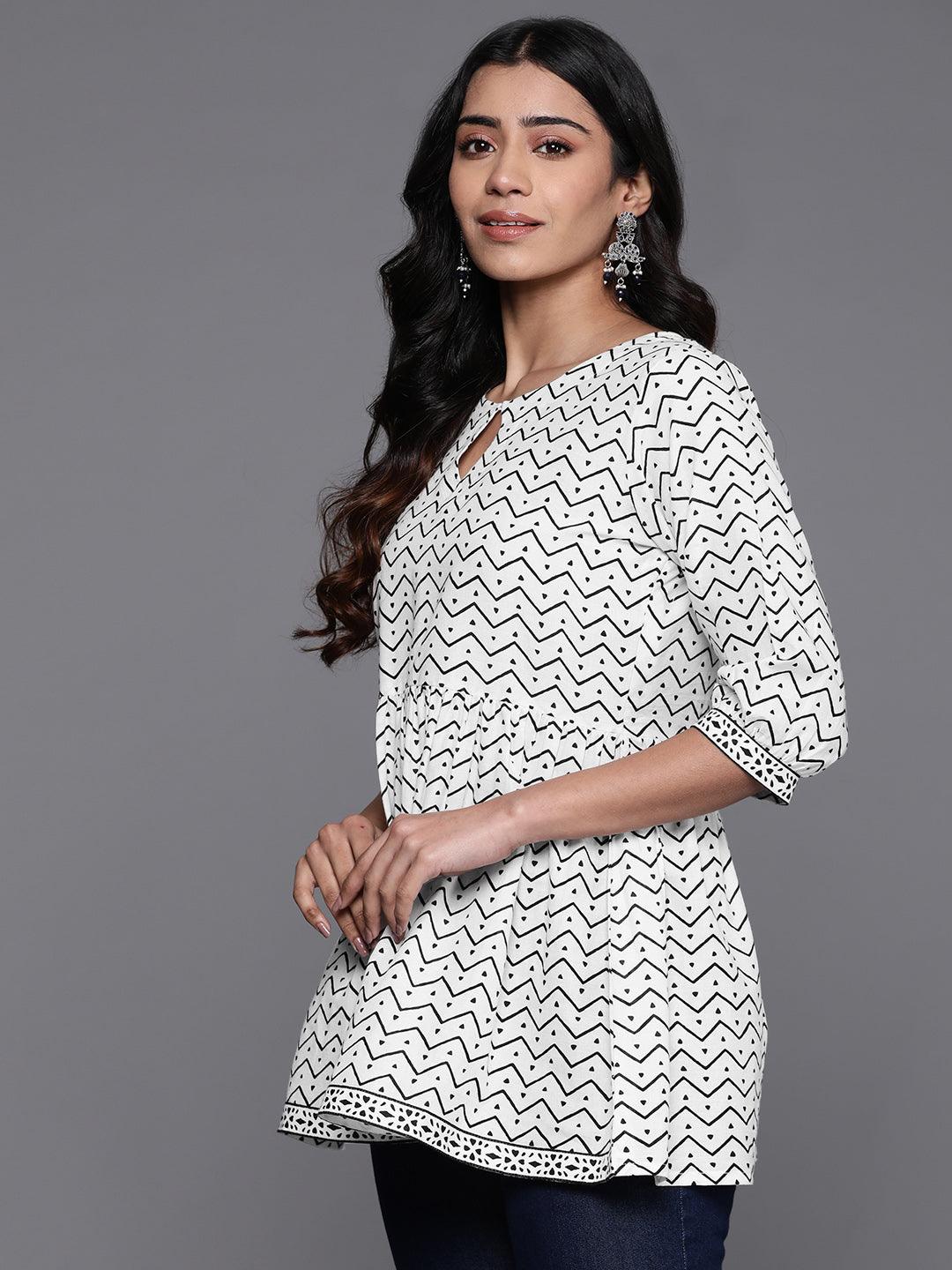 White Printed Cotton A-Line Kurti - Libas