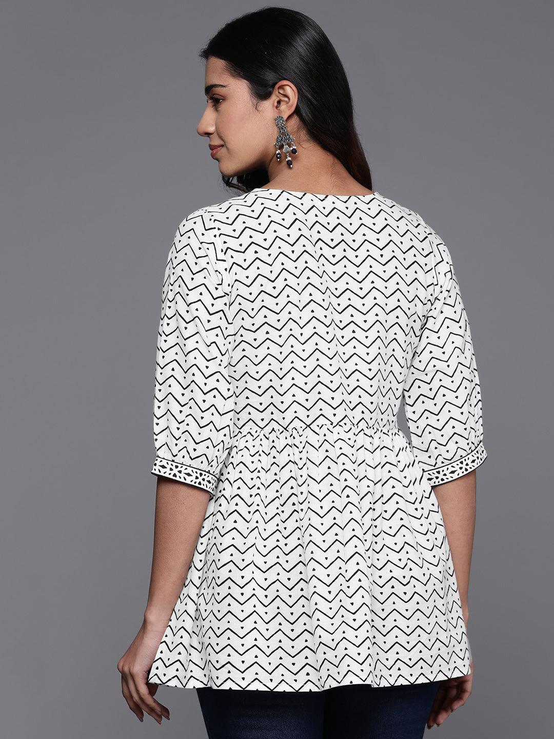 White Printed Cotton A-Line Kurti - Libas