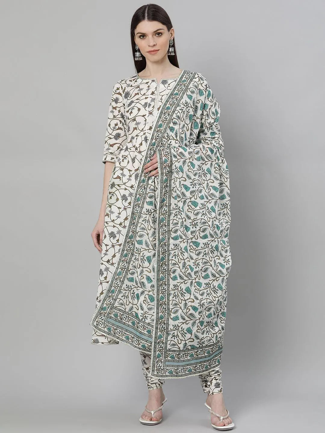 White Printed Cotton Suit Set - Libas 