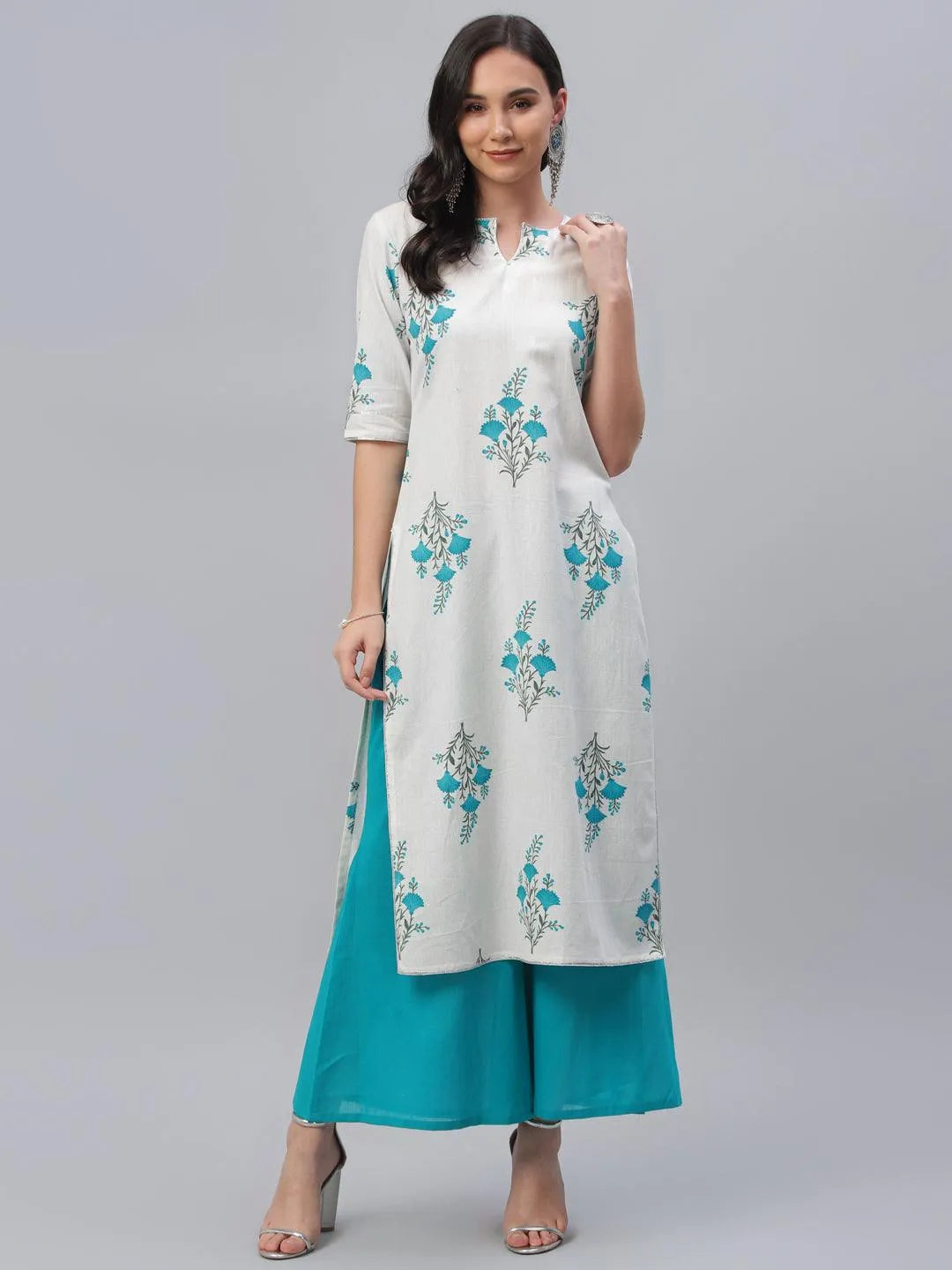 White Printed Cotton Kurta - Libas