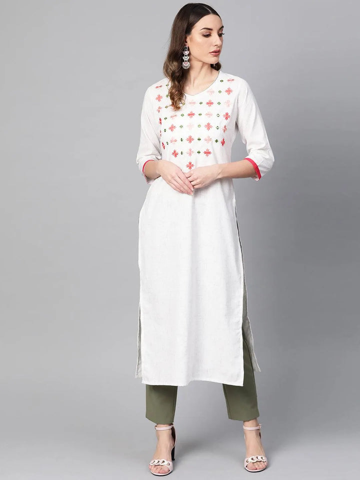 White Printed Cotton Kurta - Libas