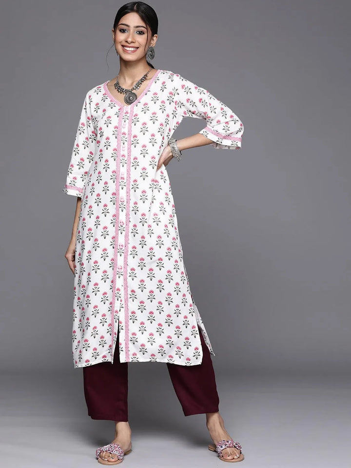 White Printed Cotton Kurta - Libas