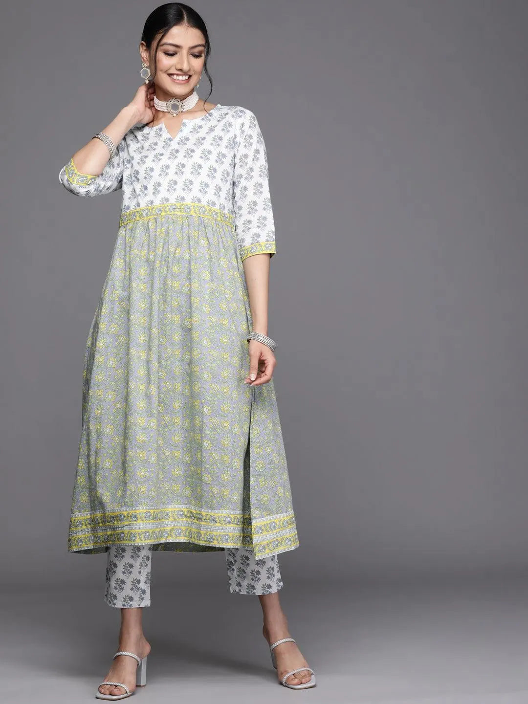 White Printed Cotton Kurta - Libas 