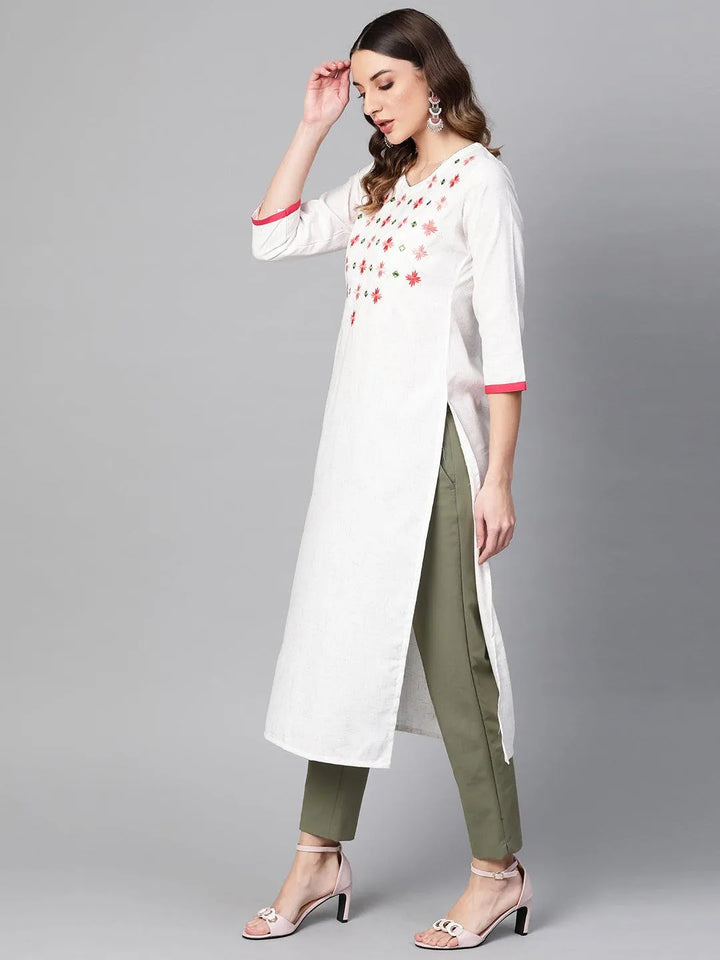 White Printed Cotton Kurta - Libas