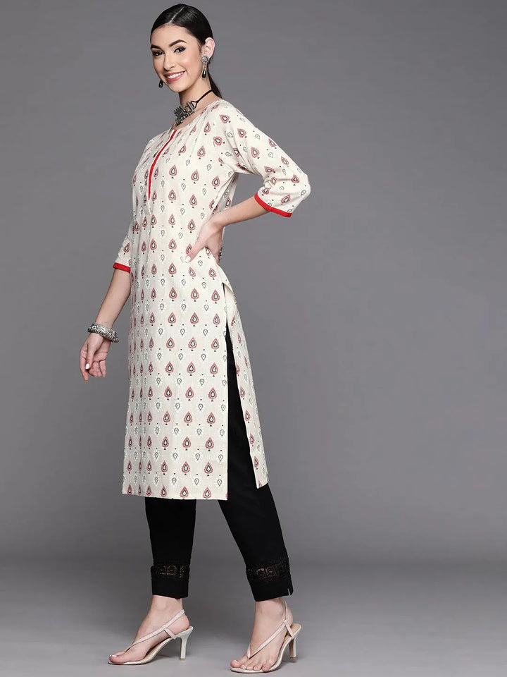 White Printed Cotton Kurta - Libas