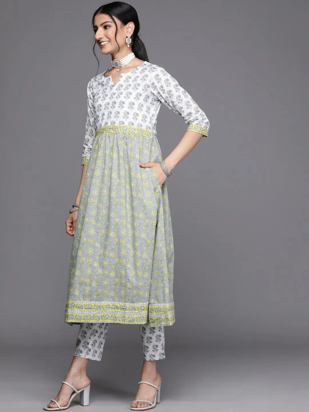 White Printed Cotton Kurta - Libas 