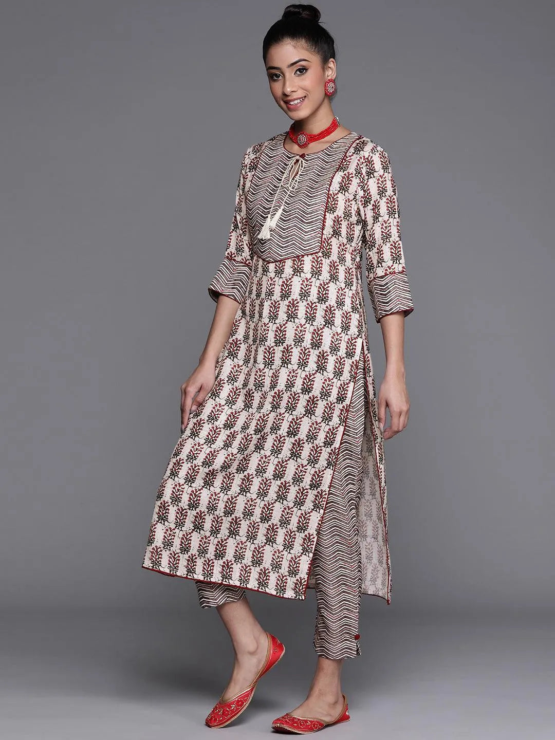 White Printed Cotton Kurta - Libas