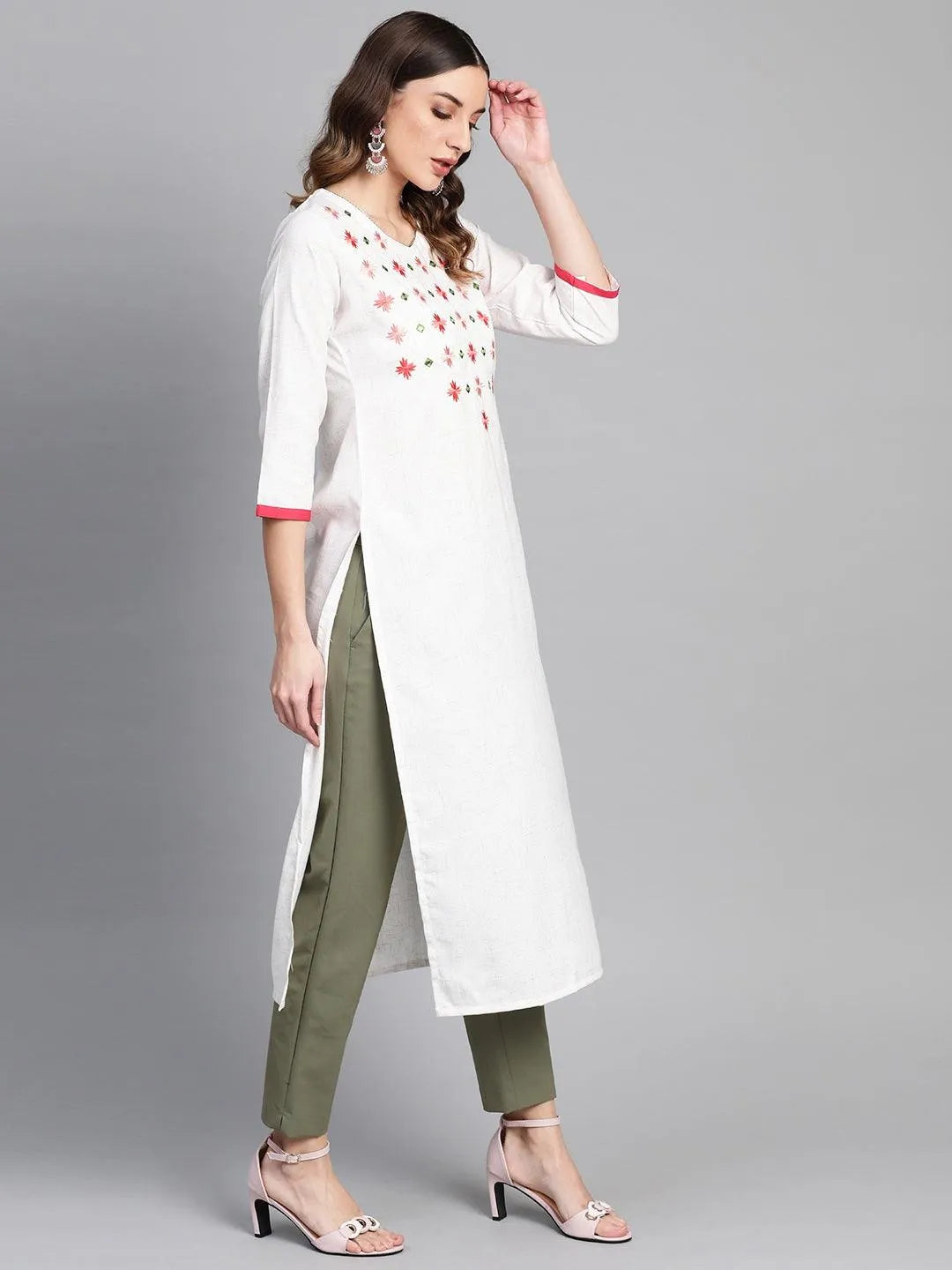 White Printed Cotton Kurta - Libas