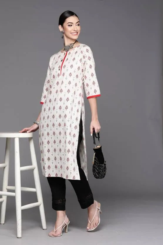 White Printed Cotton Kurta - Libas