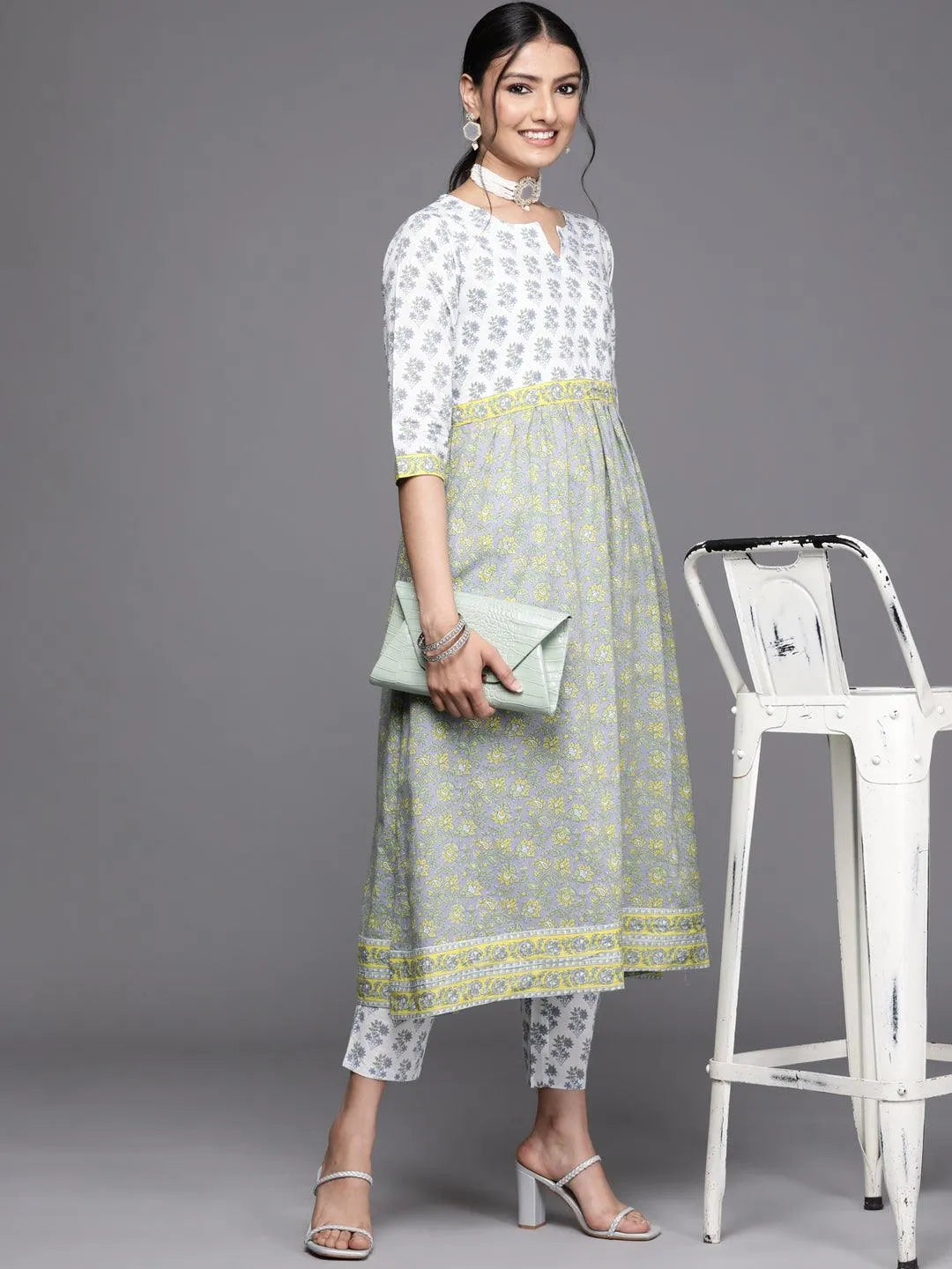 White Printed Cotton Kurta - Libas 