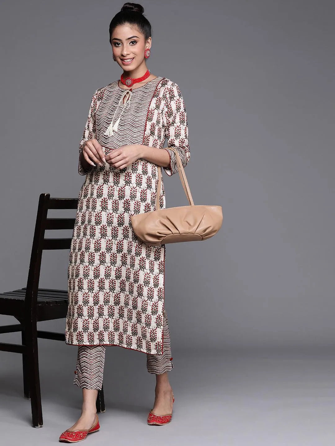 White Printed Cotton Kurta - Libas