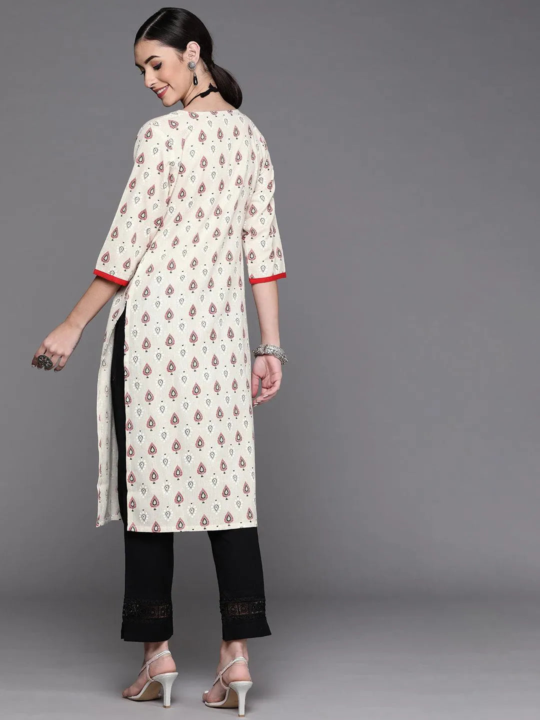 White Printed Cotton Kurta - Libas