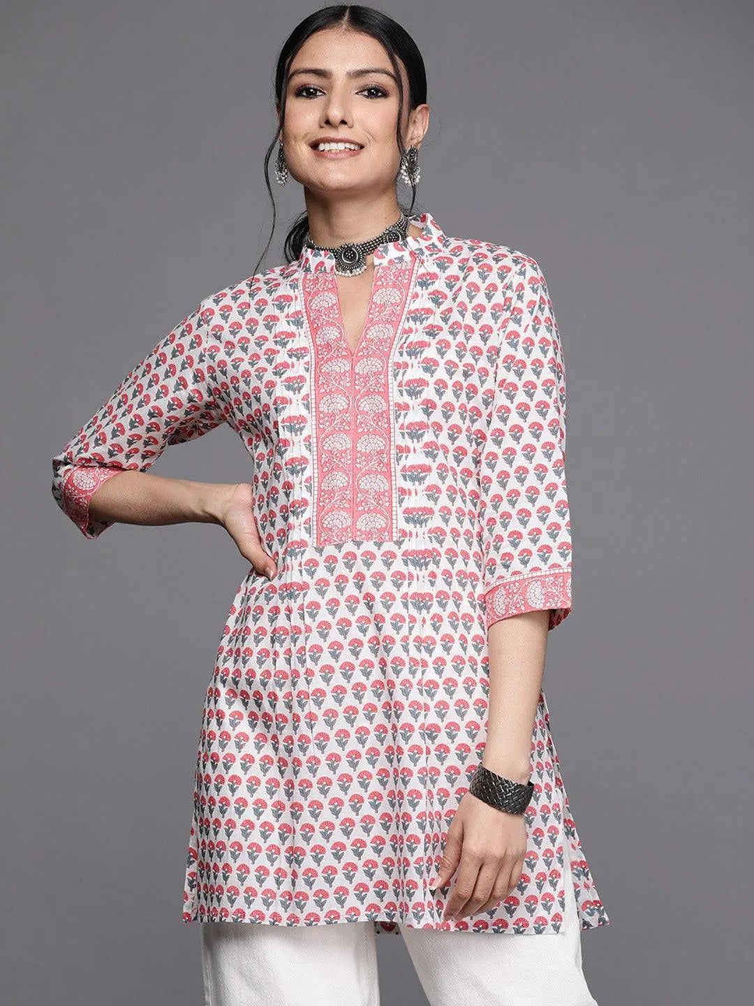 White Printed Cotton Kurti - Libas 