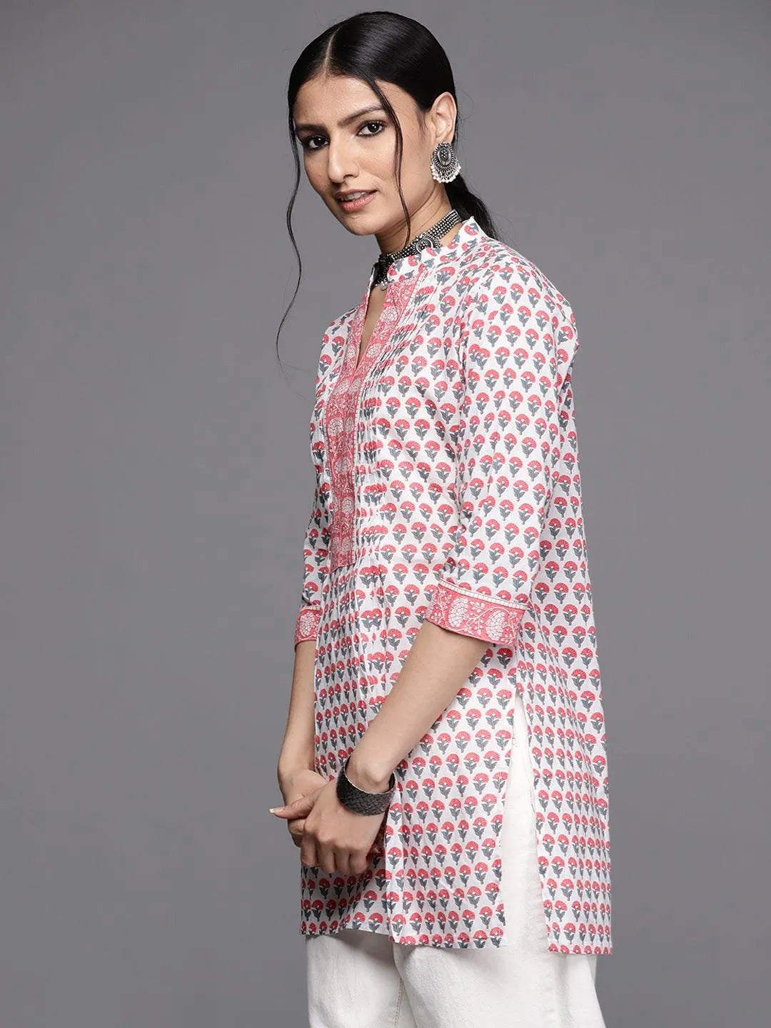 White Printed Cotton Kurti - Libas 