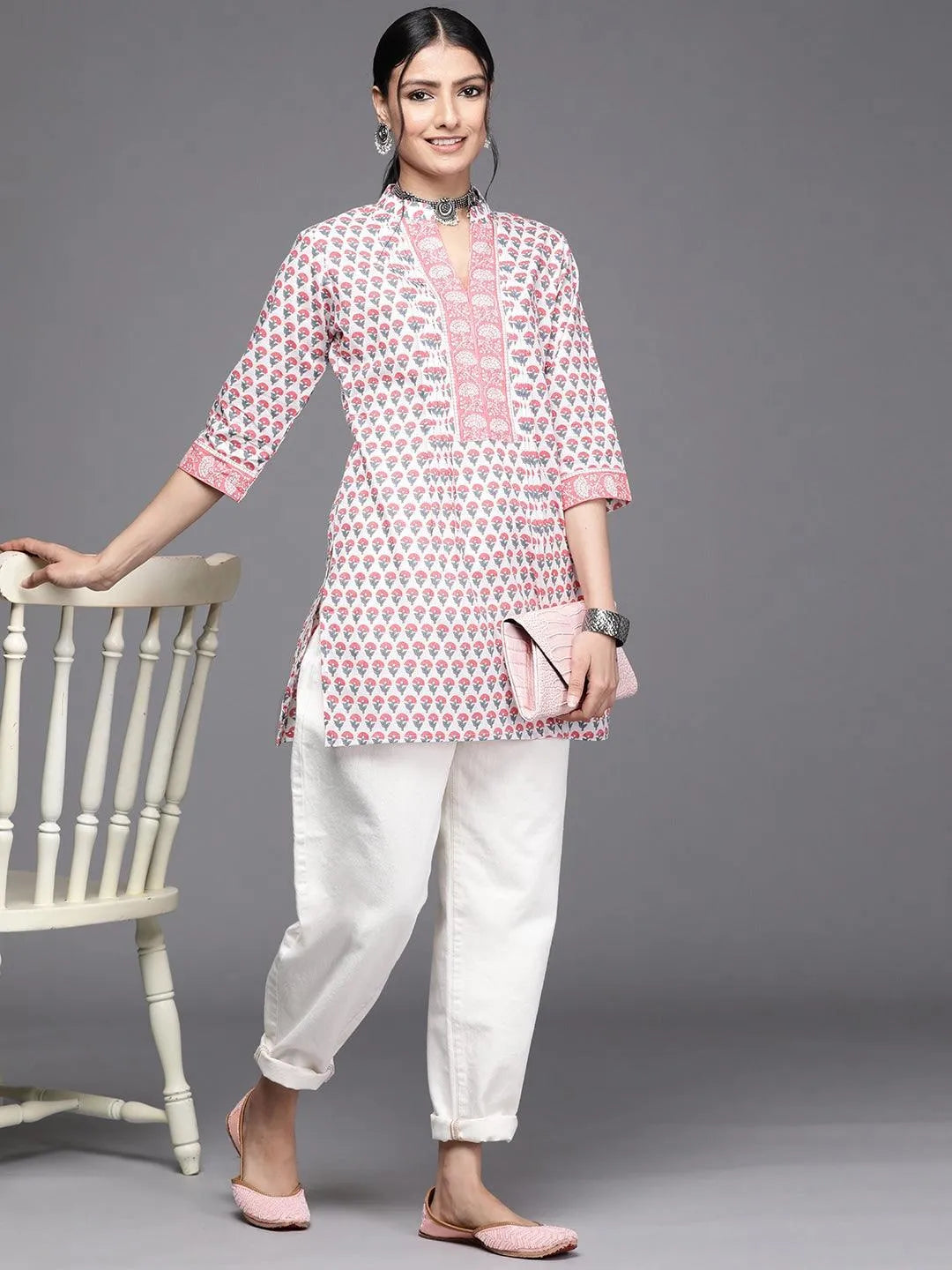 White Printed Cotton Kurti - Libas 