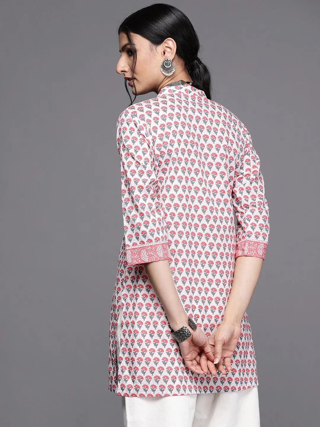 White Printed Cotton Kurti - Libas