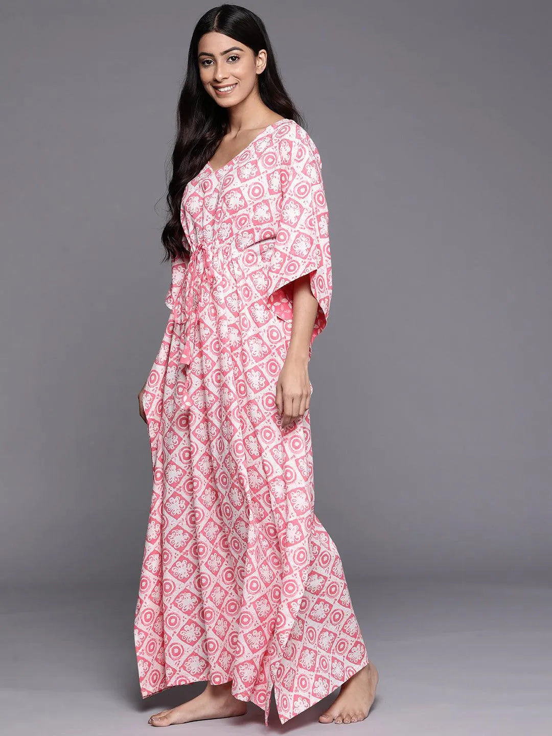 White Printed Cotton Night Dress - Libas