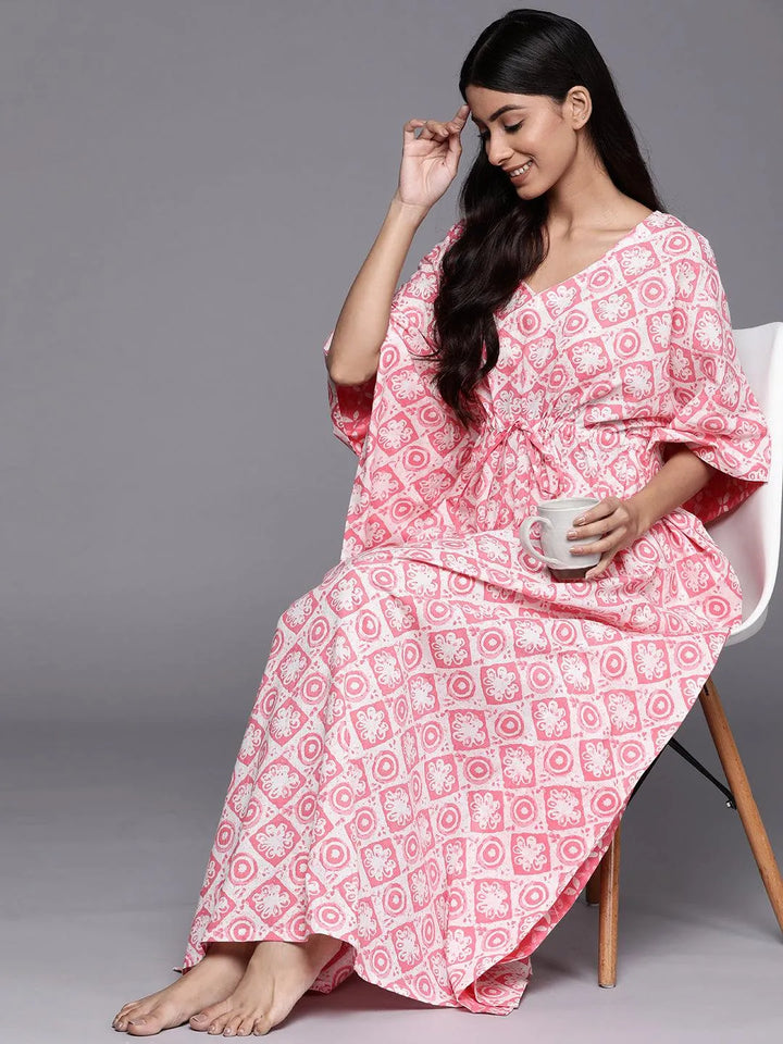 White Printed Cotton Night Dress - Libas