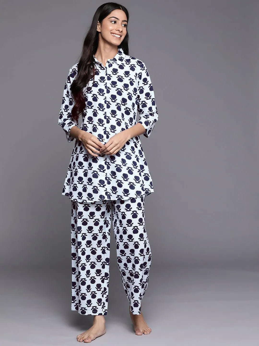 White Printed Cotton Night Suit - Libas 