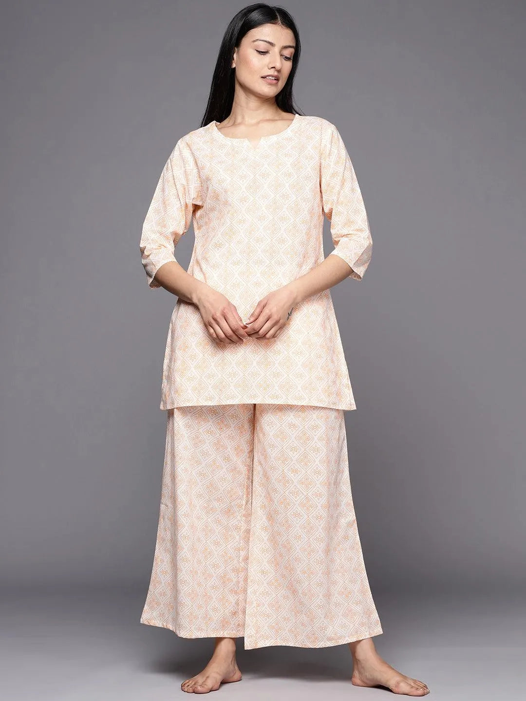 White Printed Cotton Night Suit - Libas 