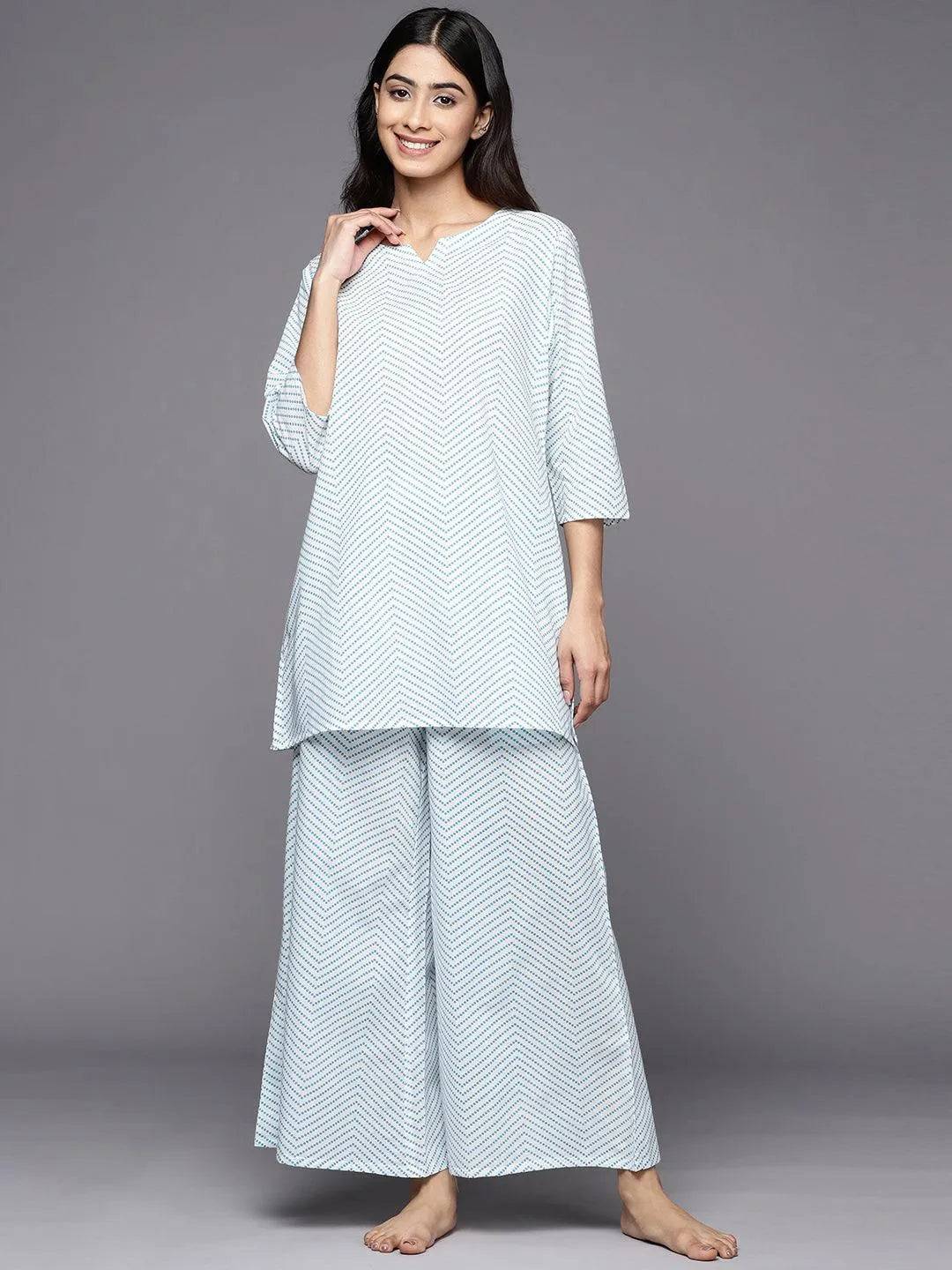 White Printed Cotton Night Suit - Libas