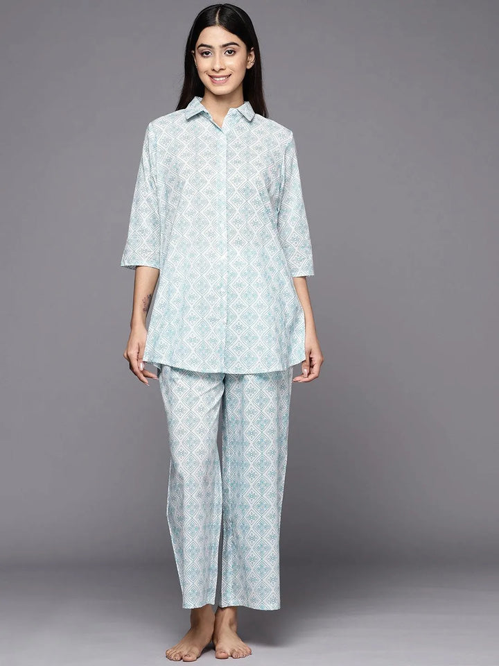 White Printed Cotton Night Suit - Libas