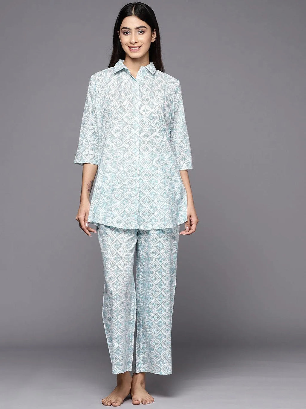 Buy White Printed Cotton Night Suit Online at Rs.1059