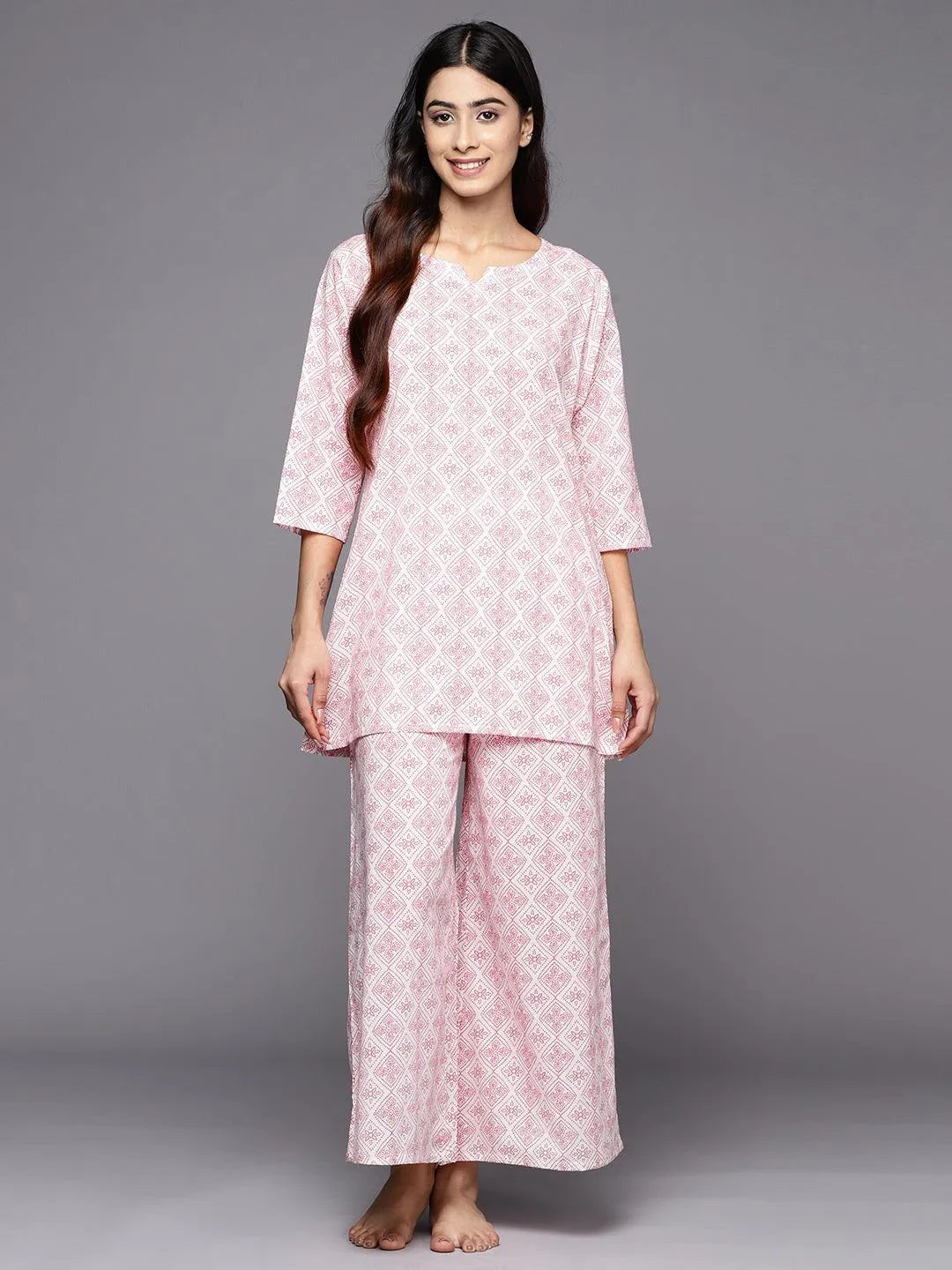 White Printed Cotton Night Suit - Libas