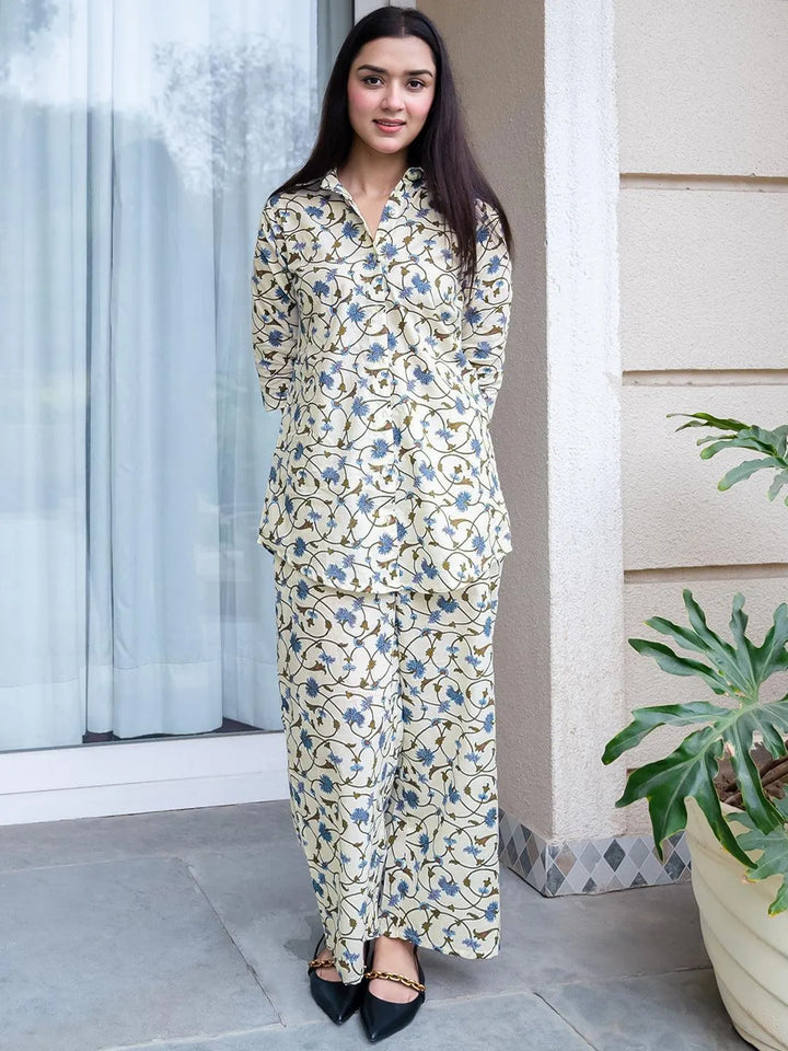 White Printed Cotton Night Suit - Libas