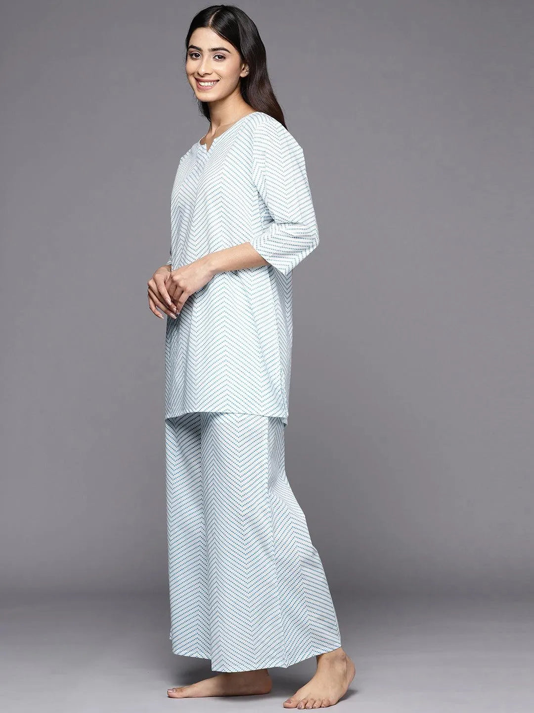 White Printed Cotton Night Suit - Libas 