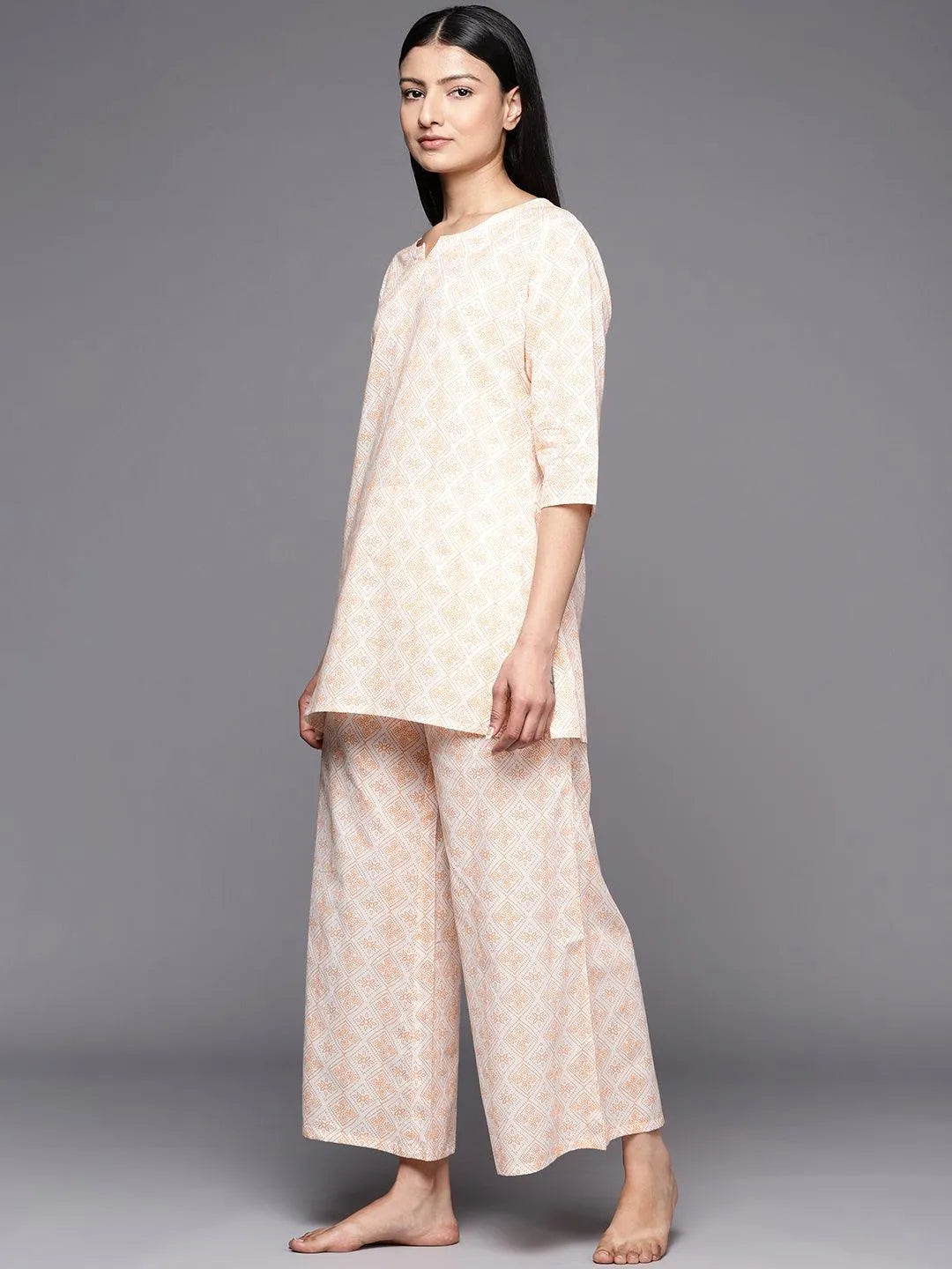 White Printed Cotton Night Suit - Libas 