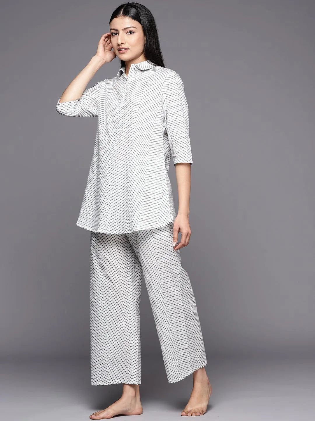 White Printed Cotton Night Suit - Libas 