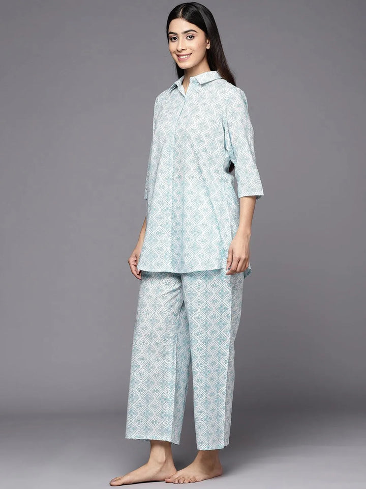 White Printed Cotton Night Suit - Libas