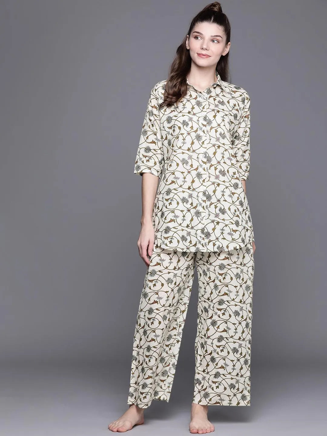 White Printed Cotton Night Suit - Libas 