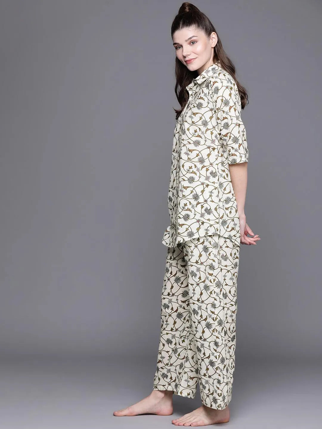 White Printed Cotton Night Suit - Libas 