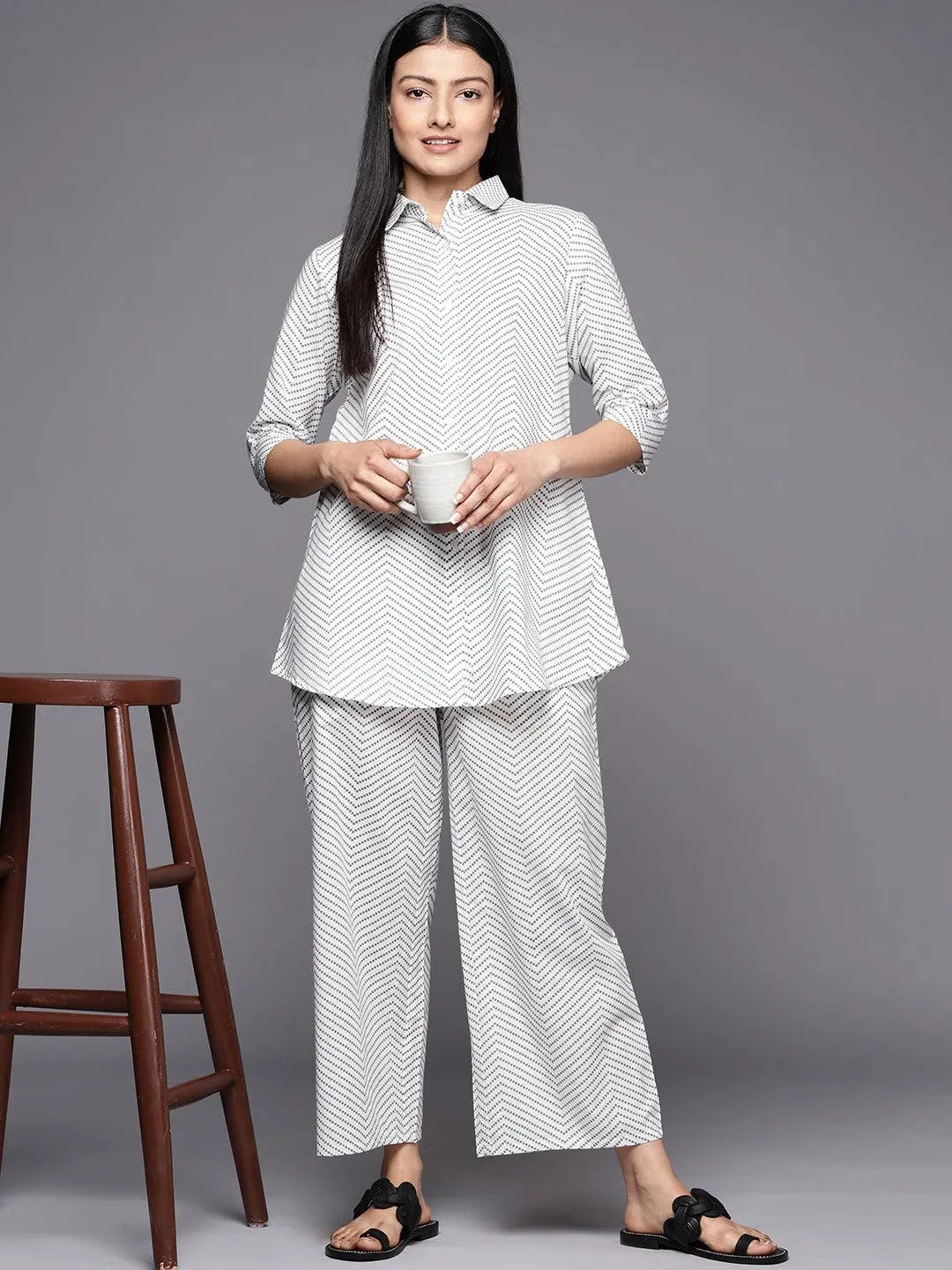 White Printed Cotton Night Suit - Libas 