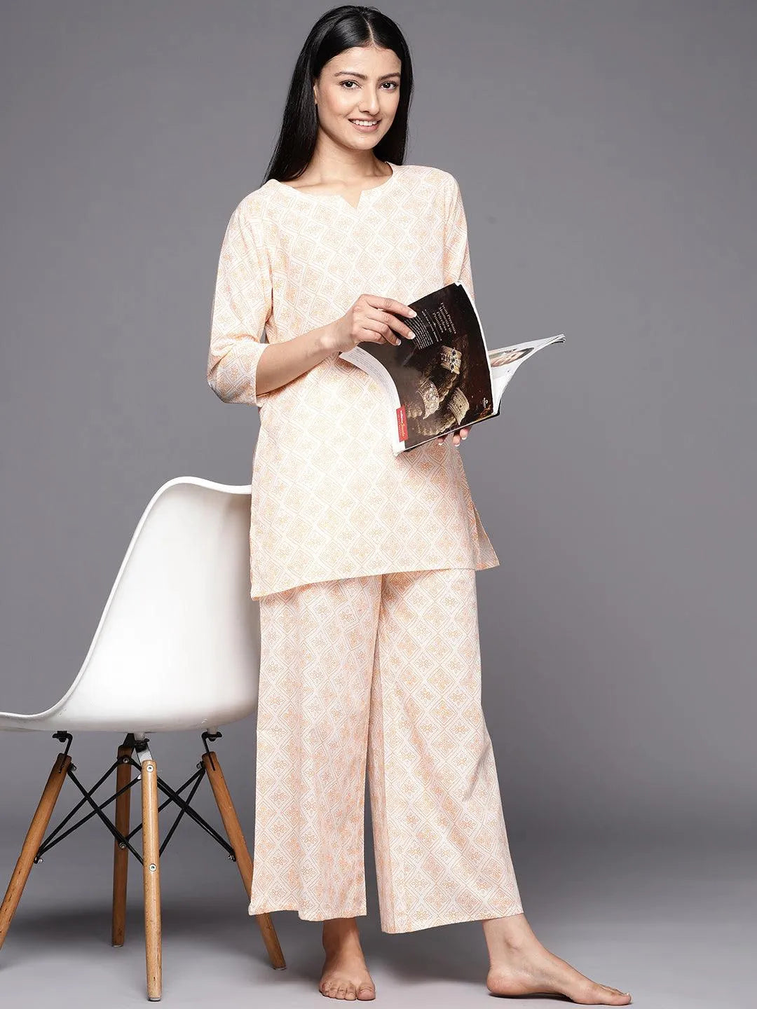 White Printed Cotton Night Suit - Libas 