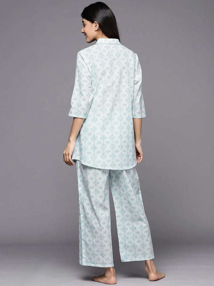 White Printed Cotton Night Suit - Libas