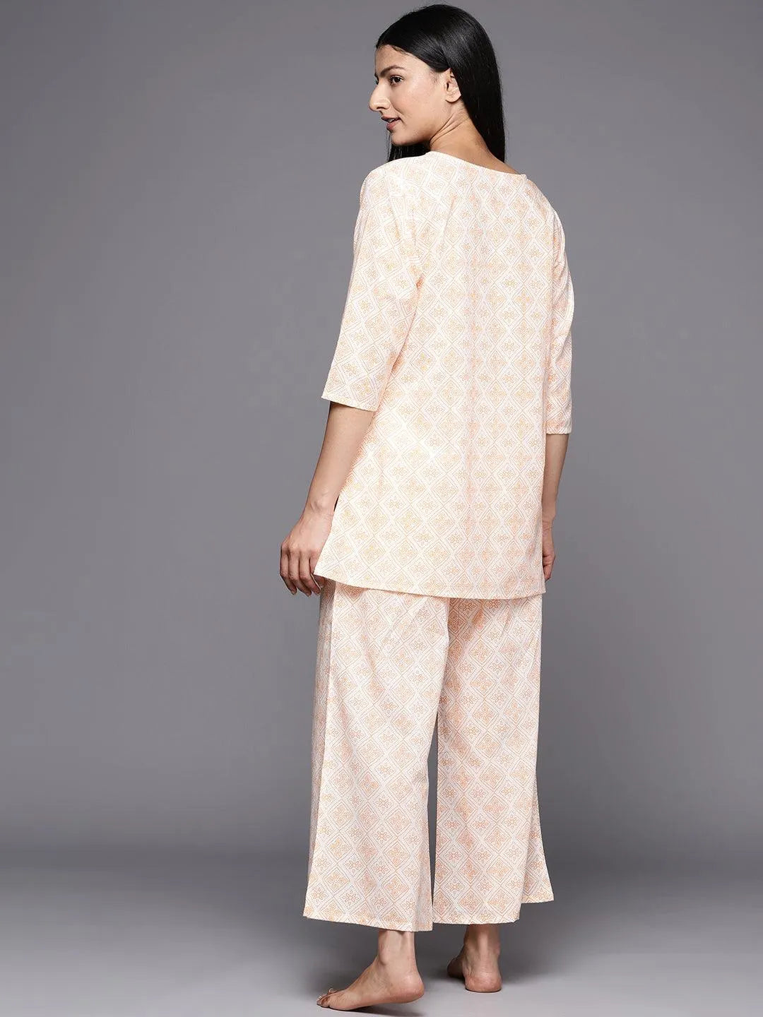 White Printed Cotton Night Suit - Libas 