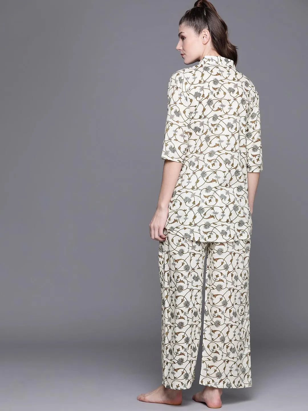 White Printed Cotton Night Suit - Libas 