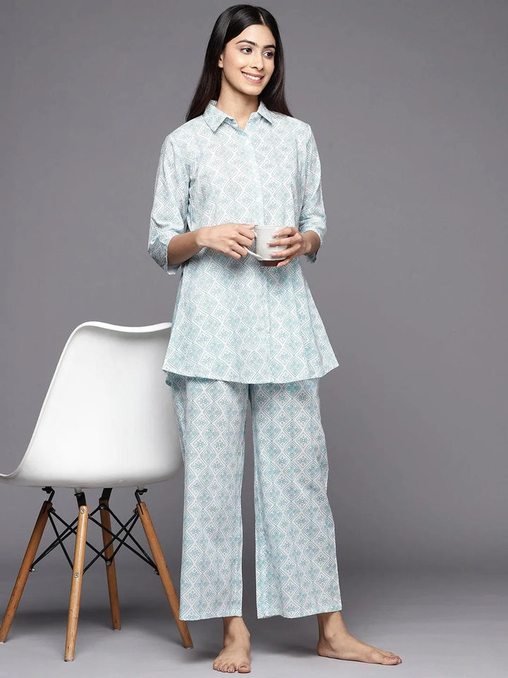 White Printed Cotton Night Suit - Libas