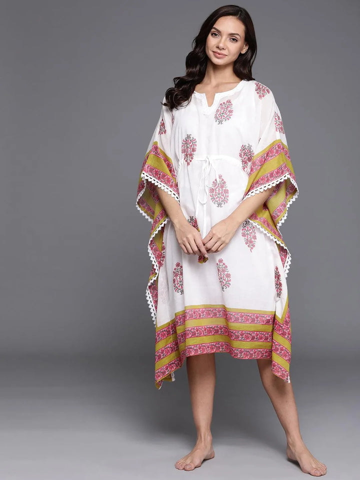 White Printed Cotton Nightdress - Libas