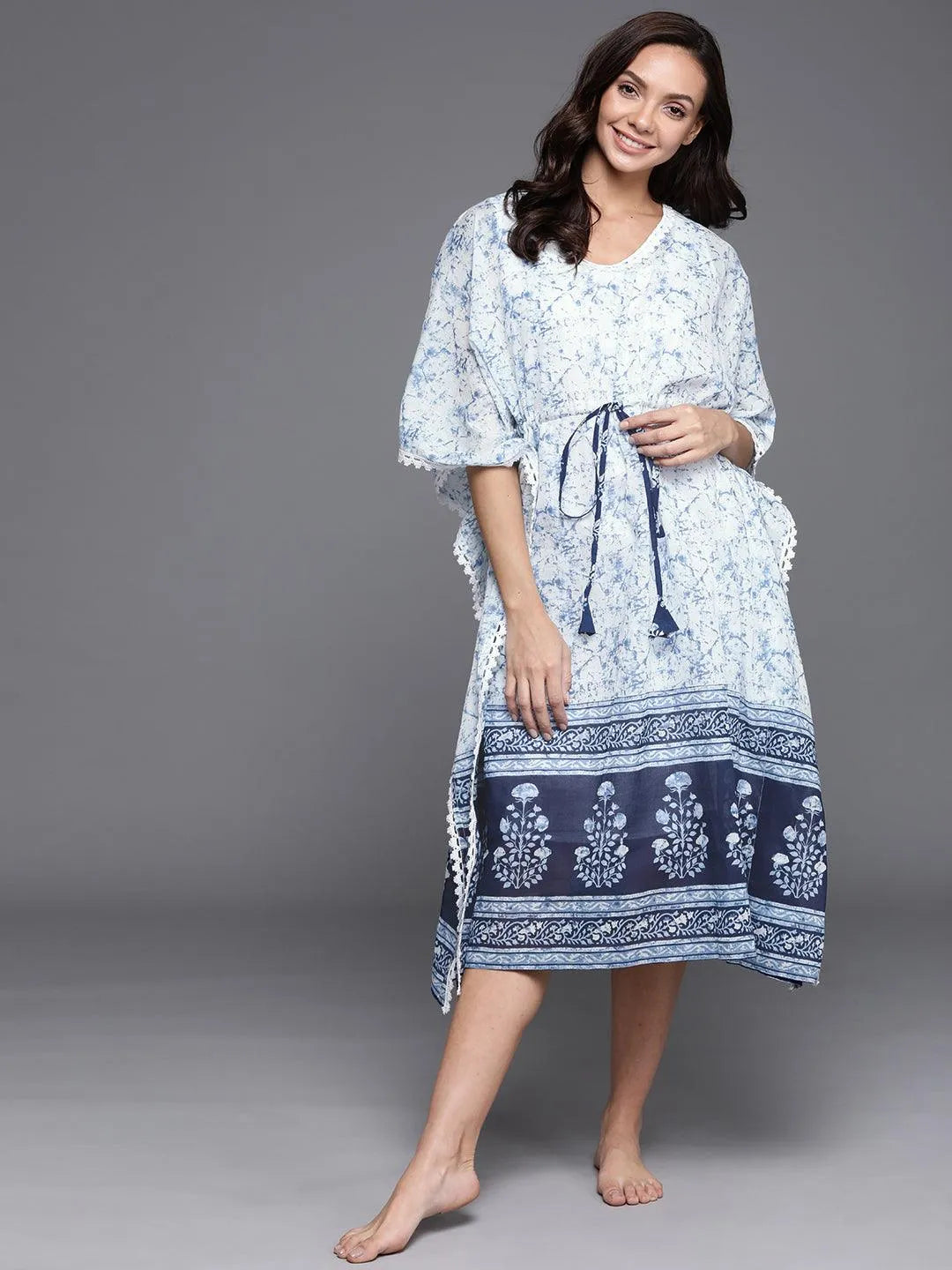 White Printed Cotton Nightdress - Libas