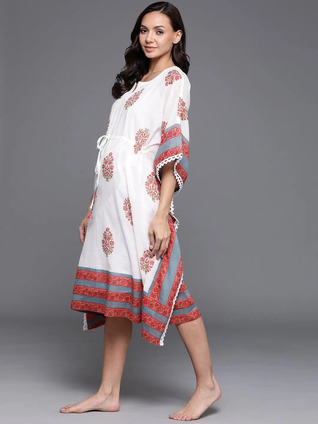 White Printed Cotton Nightdress - Libas