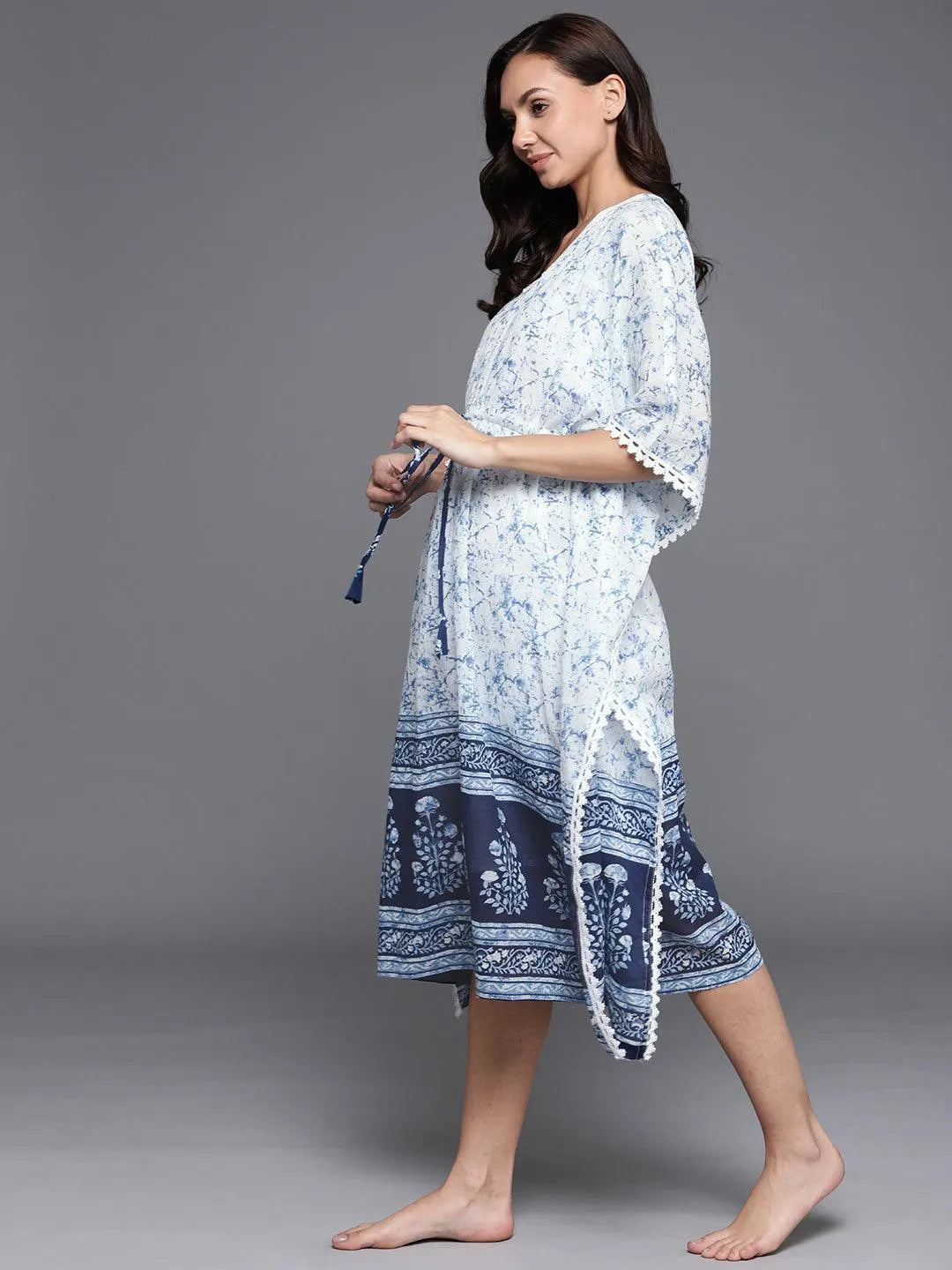 White Printed Cotton Nightdress - Libas