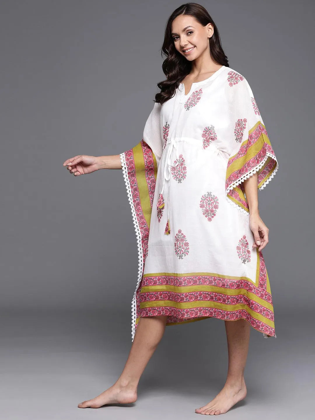 White Printed Cotton Nightdress - Libas