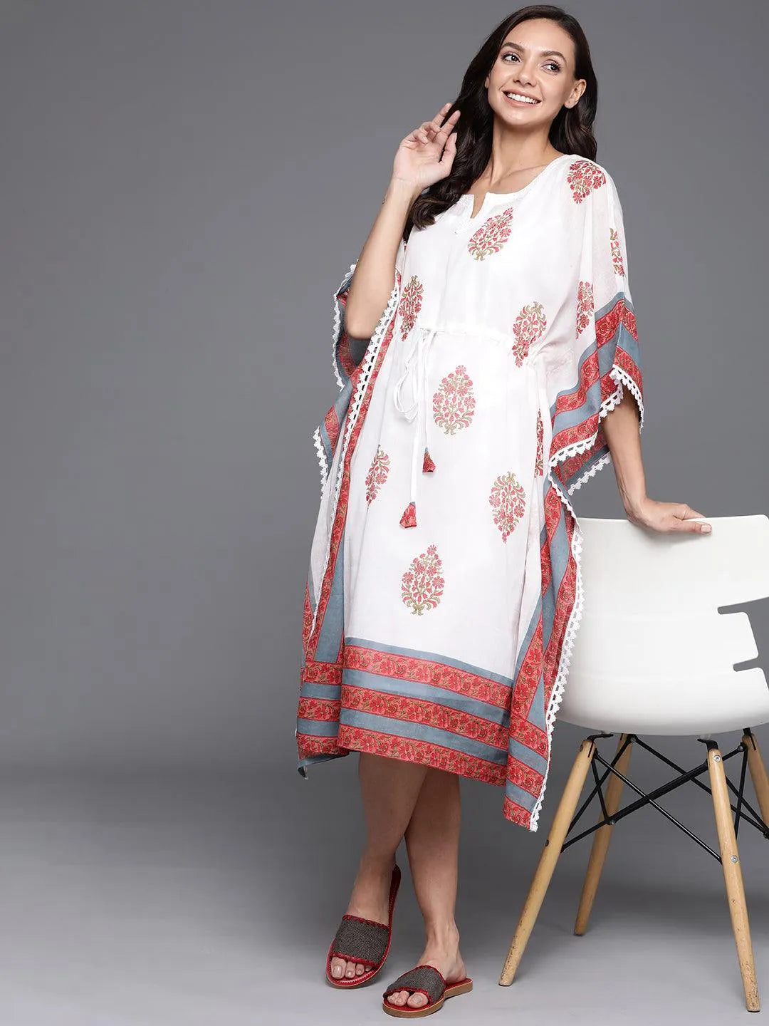 White Printed Cotton Nightdress - Libas