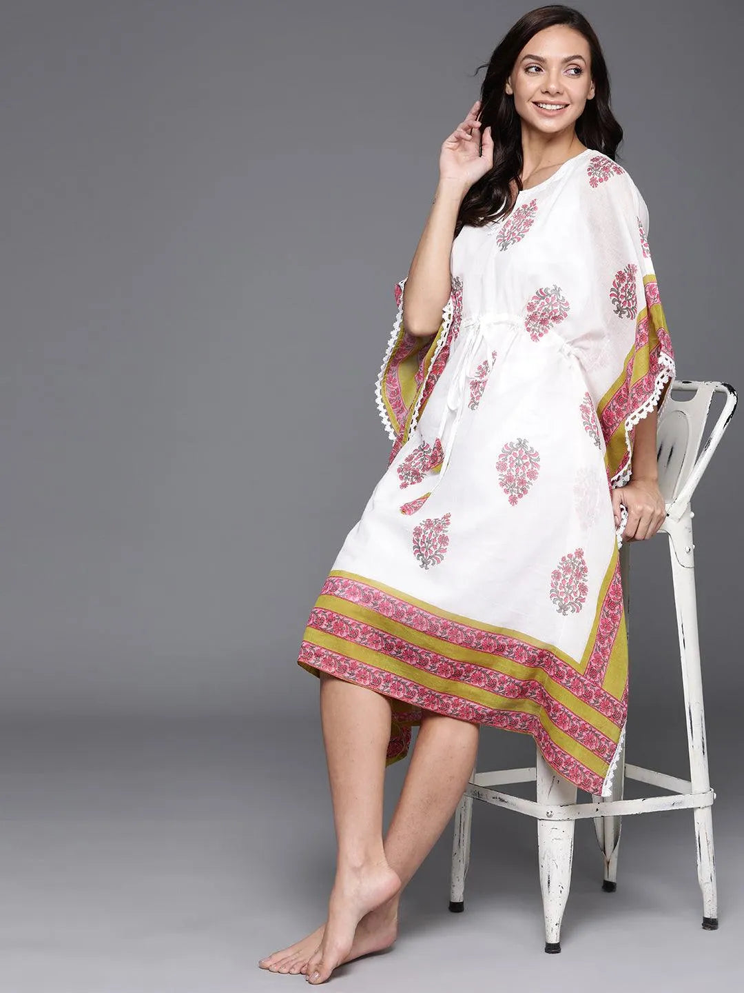 White Printed Cotton Nightdress - Libas